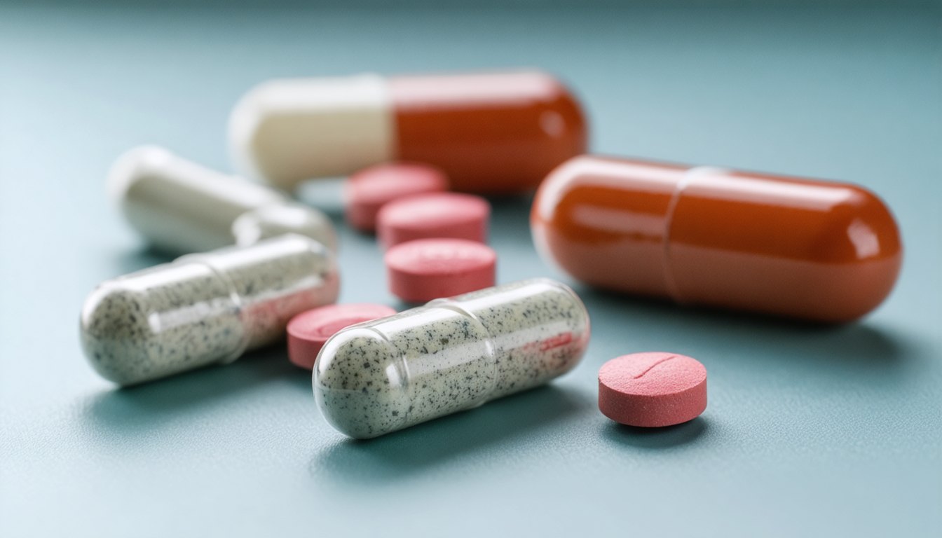 Various impotence medications in blister packs with a glass of water on a bedside table, symbolizing treatment of erectile dysfunction